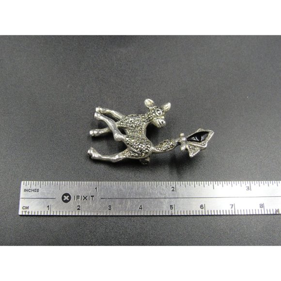 Sterling Silver Marcasite Baby Deer With Onyx Stone Pin Brooch
